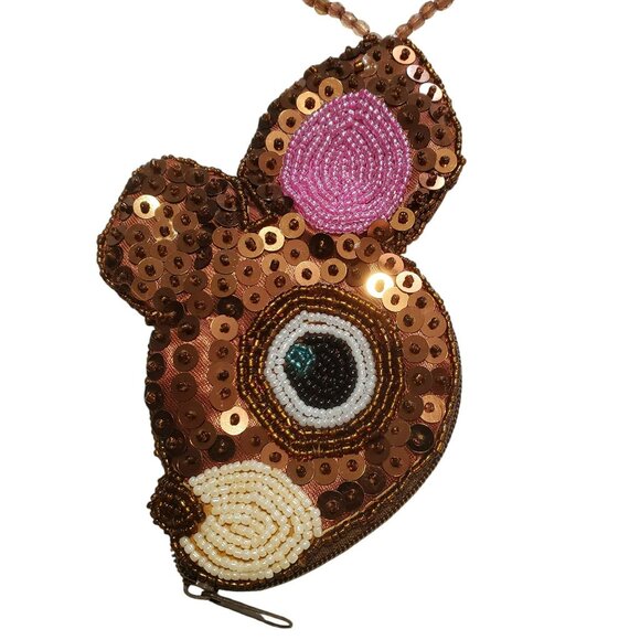 Rare Sanrio Deery-Lou Coin Purse Sequin Beaded Wrist Strap Brown Reindeer Pouch - Picture 2 of 14